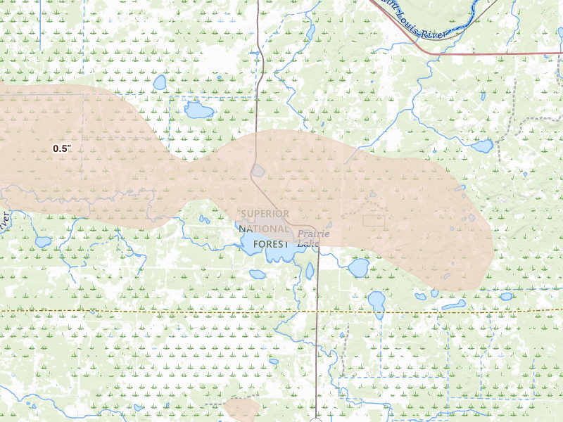 Radar-estimated hail-size map of the storm over Floodwood, MN on Sep 3, 2026