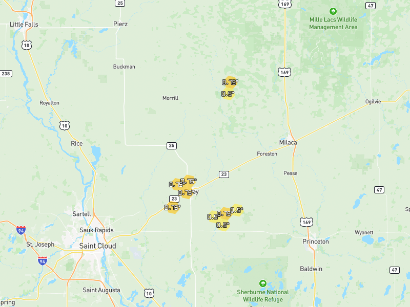 Hail map of Foley, MN on Jun 29, 2026, hail up to 0.75"