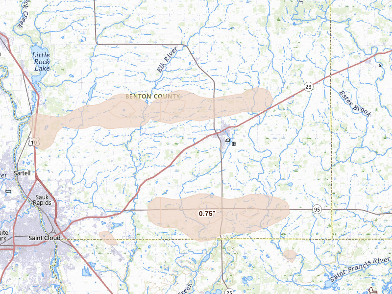 Radar-estimated hail-size map of the storm over Foley, MN on Aug 7, 2026