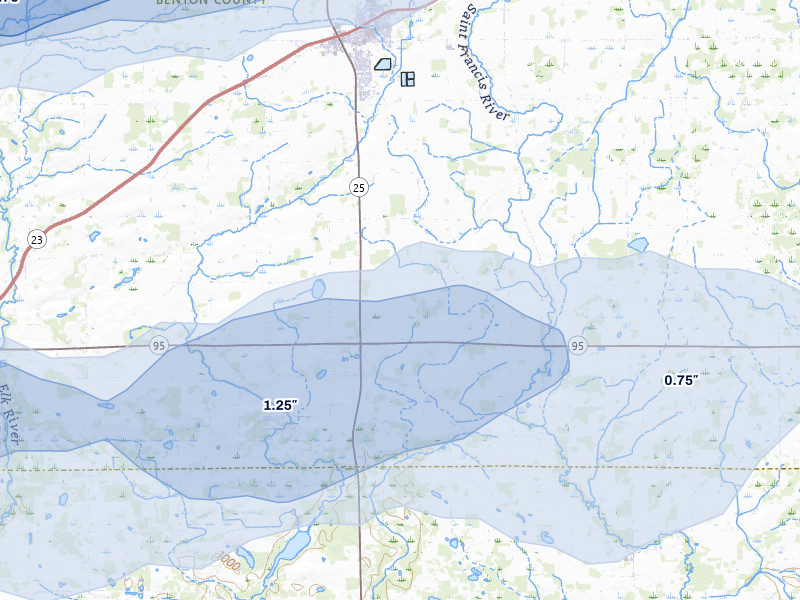 NEXRAD radar-signature map of the hail storm over Foley, MN on Aug 7, 2026