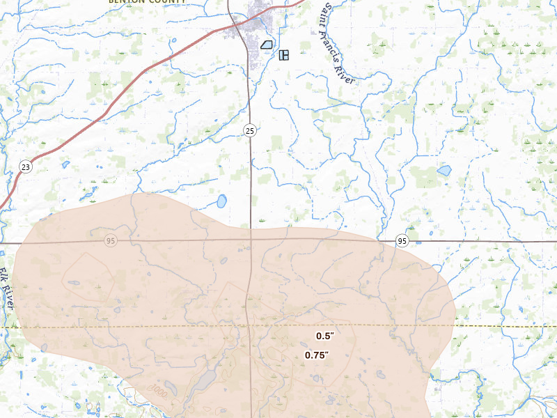 Radar-estimated hail-size map of the storm over Foley, MN on Aug 8, 2026