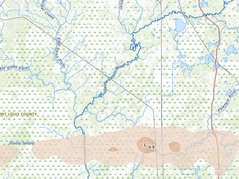 Radar-estimated hail-size map of the storm over Forbes, MN on Apr 12, 2026