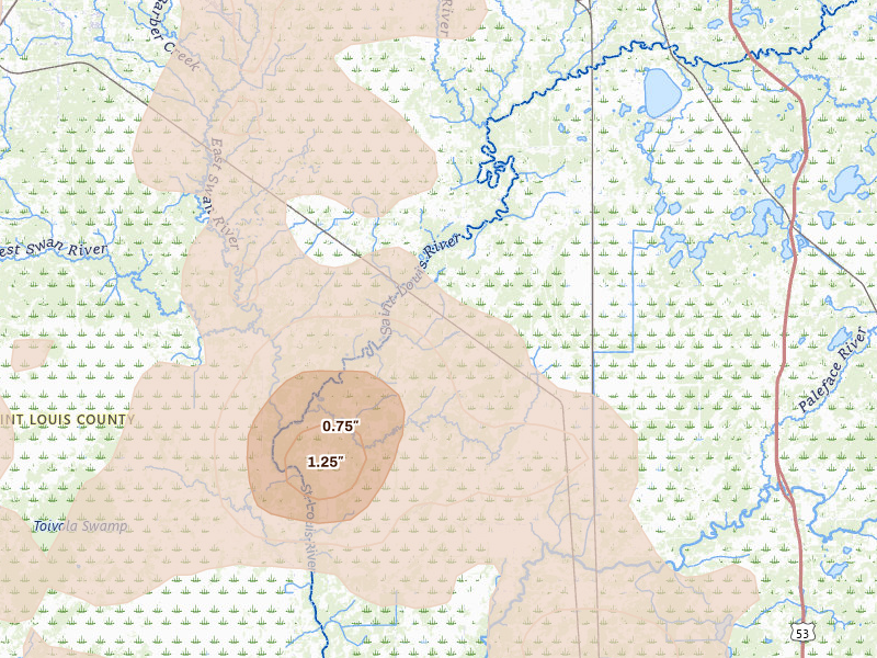 Radar-estimated hail-size map of the storm over Forbes, MN on Jun 29, 2026