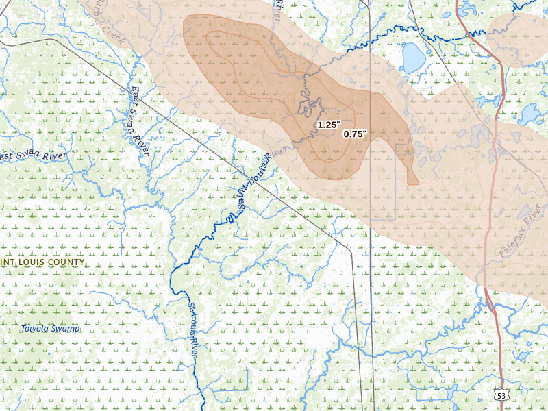 Radar-estimated hail-size map of the storm over Forbes, MN on Jul 26, 2026