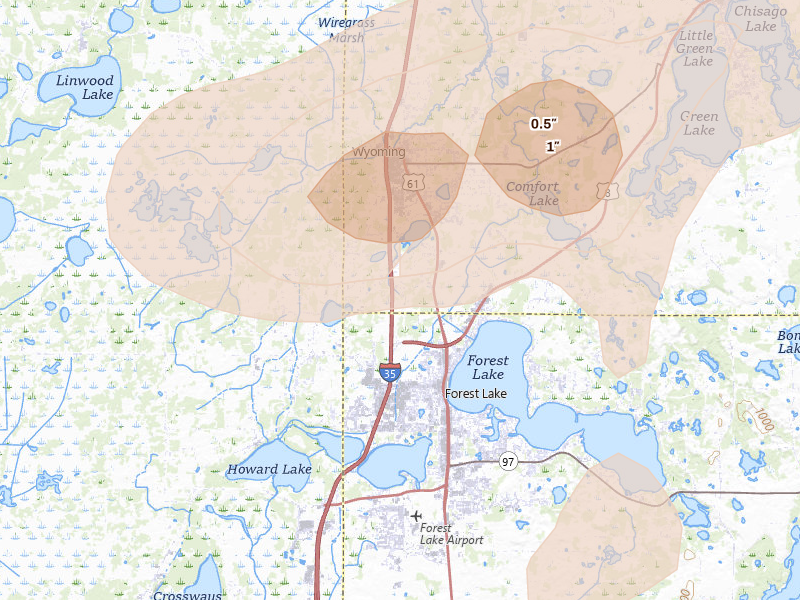 Radar-estimated hail-size map of the storm over Forest Lake, MN