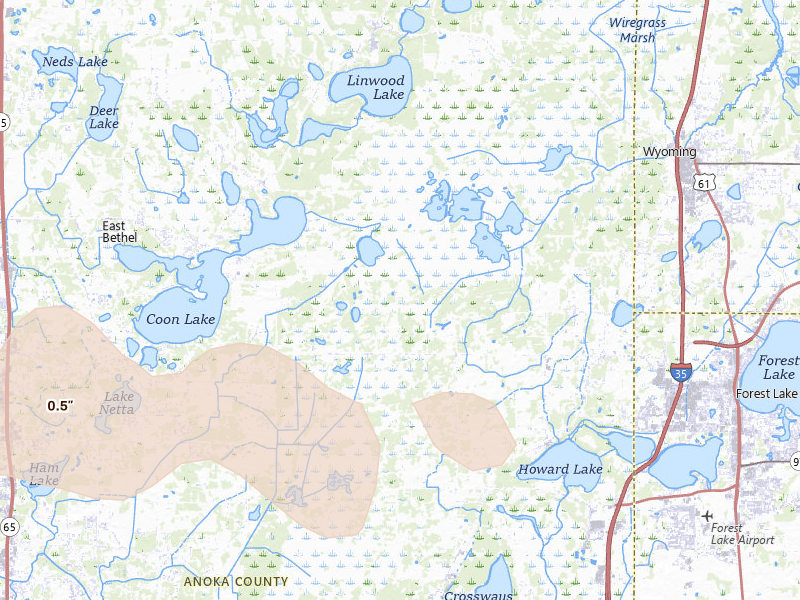 Radar-estimated hail-size map of the storm over Forest Lake, MN on Aug 8, 2026