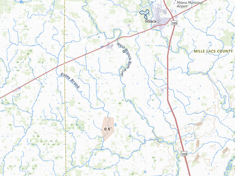 Radar-estimated hail-size map of the storm over Foreston, MN on Jun 9, 2026