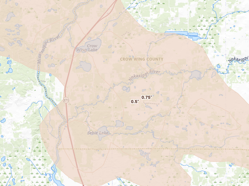 Radar-estimated hail-size map of the storm over Fort Ripley, MN on Jun 19, 2026