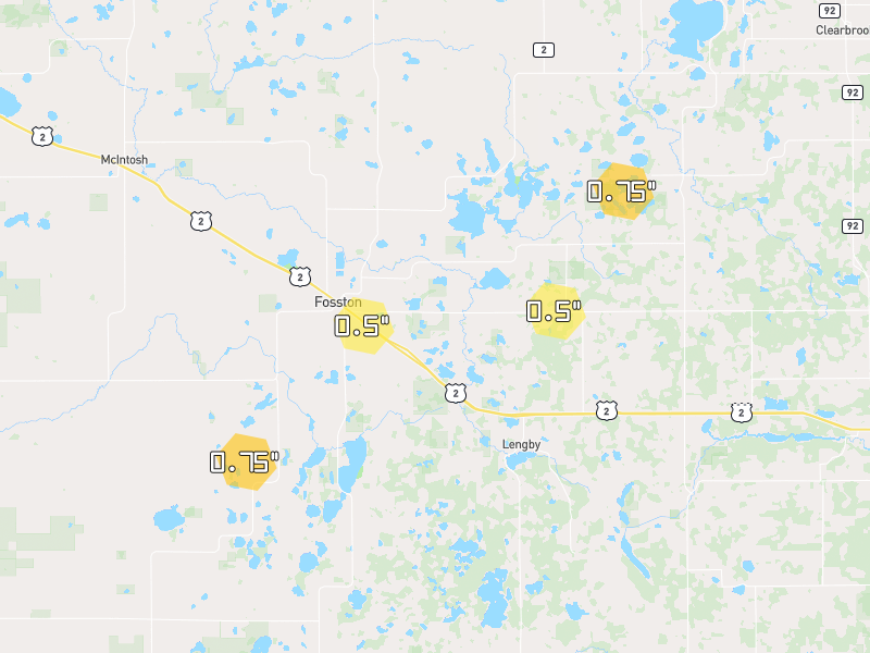 Hail map of Fosston, MN on Jun 30, 2026, hail up to 0.75"