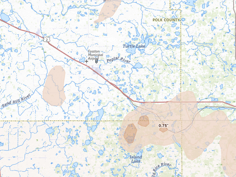 Radar-estimated hail-size map of the storm over Fosston, MN on Jul 3, 2026