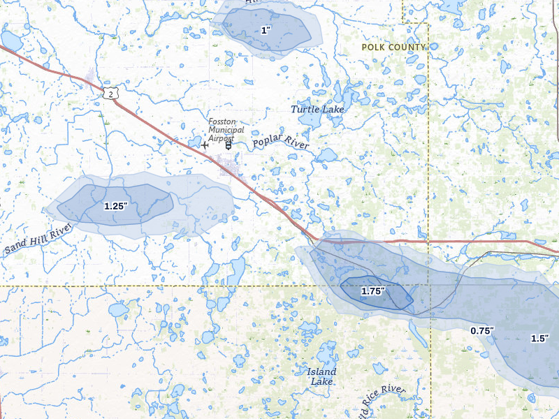 NEXRAD radar-signature map of the hail storm over Fosston, MN on Jul 3, 2026