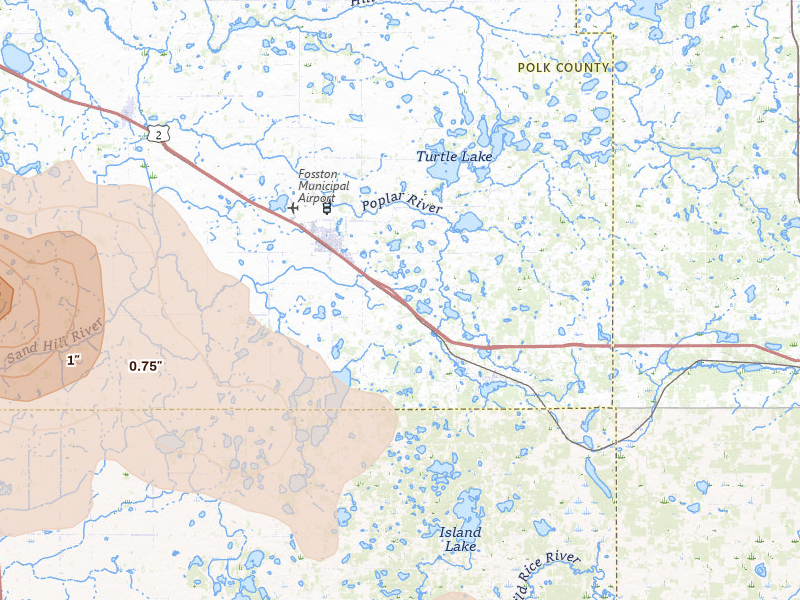 Radar-estimated hail-size map of the storm over Fosston, MN on Jul 6, 2026