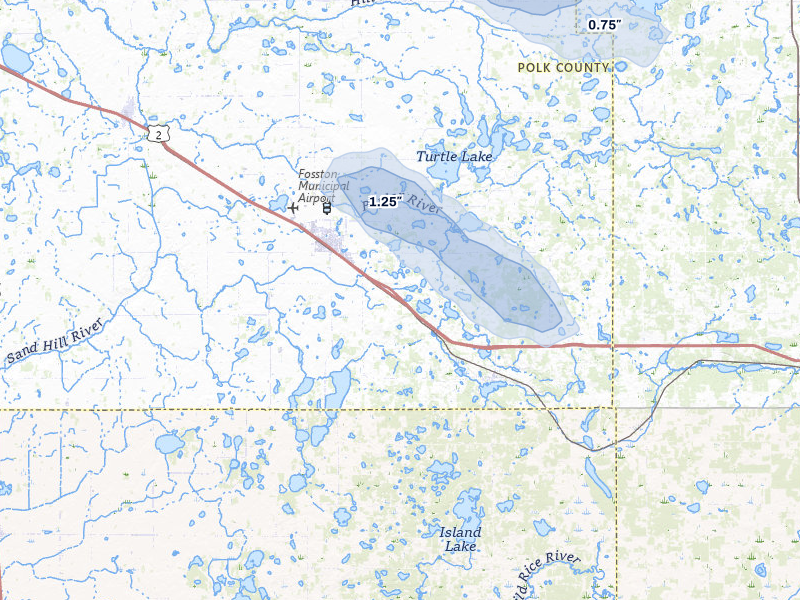 NEXRAD radar-signature map of the hail storm over Fosston, MN on Jul 24, 2026