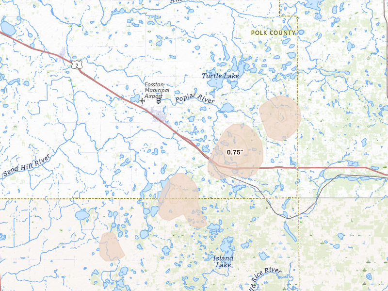 Radar-estimated hail-size map of the storm over Fosston, MN on Aug 3, 2026