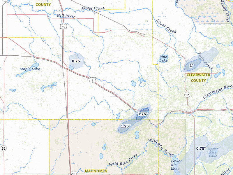 NEXRAD radar-signature map of the hail storm over Fosston, MN on Aug 3, 2026