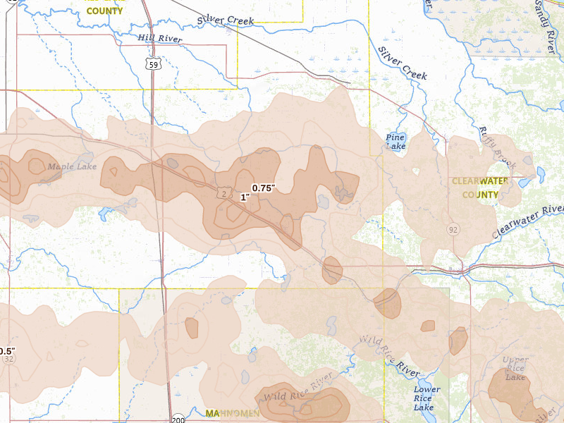 Radar-estimated hail-size map of the storm over Fosston, MN on Sep 3, 2026
