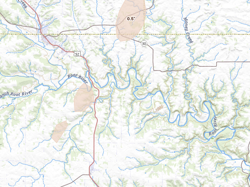Radar-estimated hail-size map of the storm over Fountain, MN on May 17, 2026