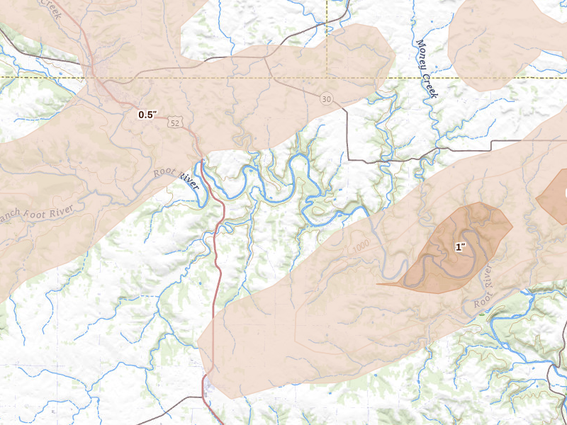 Radar-estimated hail-size map of the storm over Fountain, MN on Jul 1, 2026