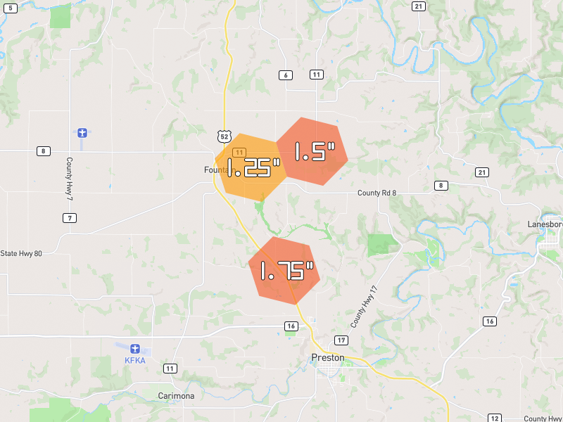 Hail map of Fountain, MN on Jul 2, 2026, hail up to 1.75"