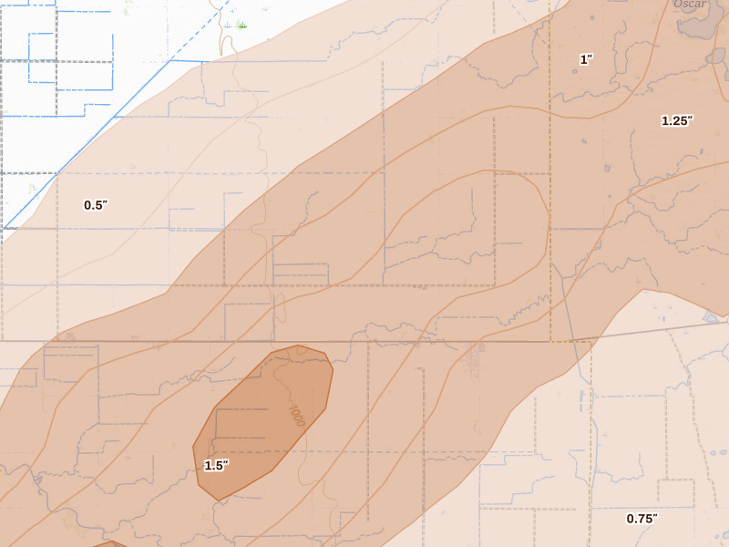 Radar-estimated hail-size map of the storm over Foxhome, MN on Jun 29, 2026