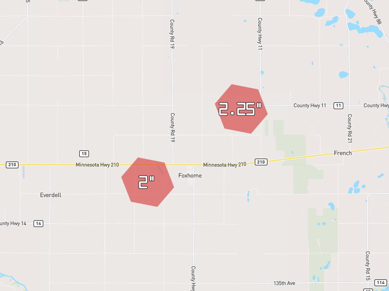 Hail map of Foxhome, MN on Jun 29, 2026, hail up to 2.25"