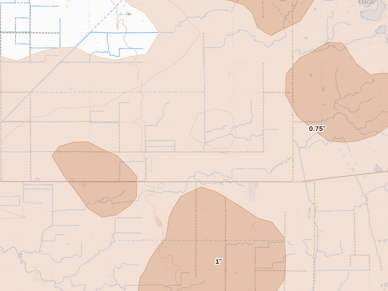 Radar-estimated hail-size map of the storm over Foxhome, MN on Jul 6, 2026