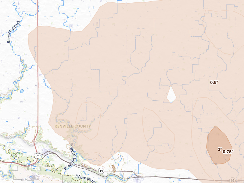 Radar-estimated hail-size map of the storm over Franklin, MN on Aug 7, 2026