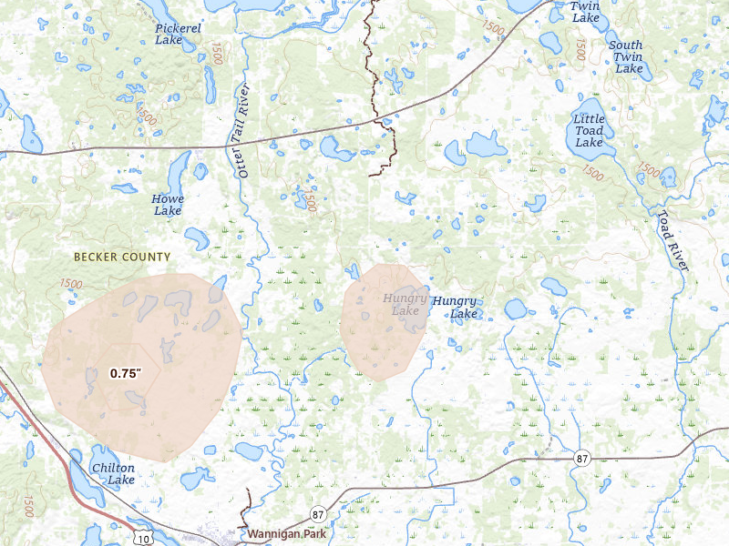 Radar-estimated hail-size map of the storm over Frazee, MN on Jun 10, 2026