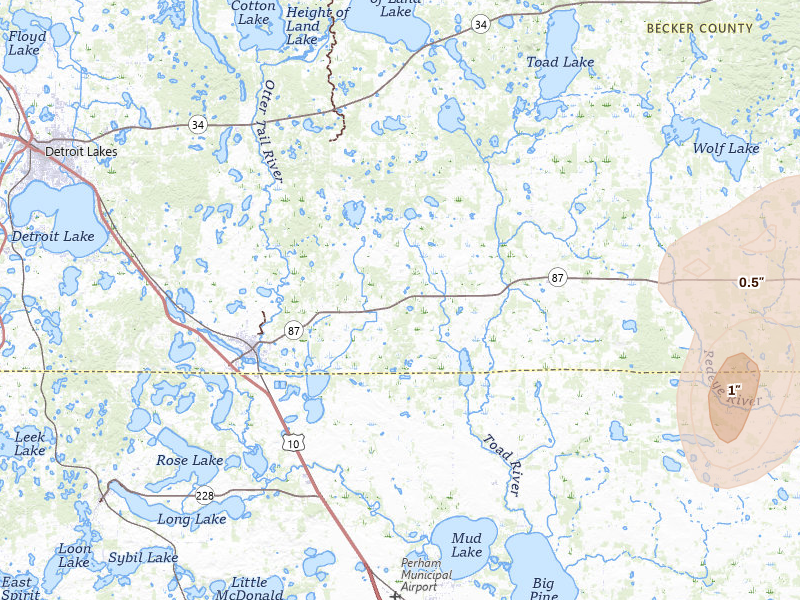 Radar-estimated hail-size map of the storm over Frazee, MN on Jul 4, 2026