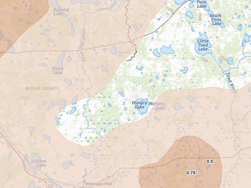 Radar-estimated hail-size map of the storm over Frazee, MN on Jul 6, 2026