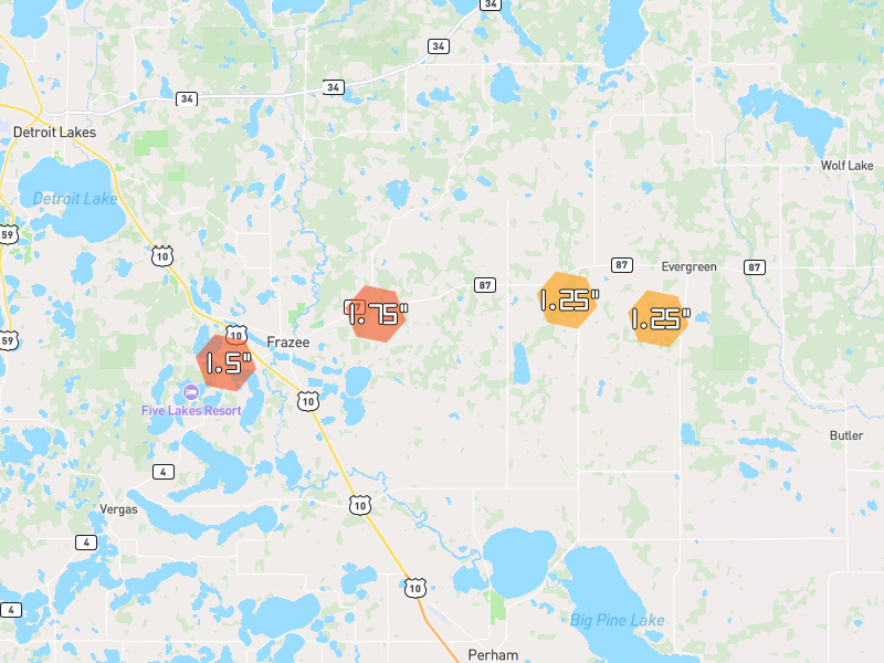 Hail map of Frazee, MN on Jul 7, 2026, hail up to 1.75"