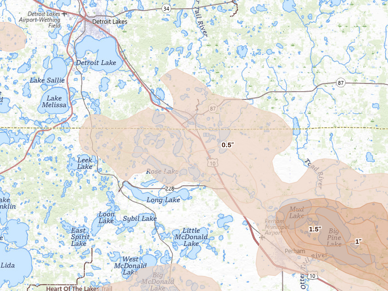Radar-estimated hail-size map of the storm over Frazee, MN on Aug 17, 2026