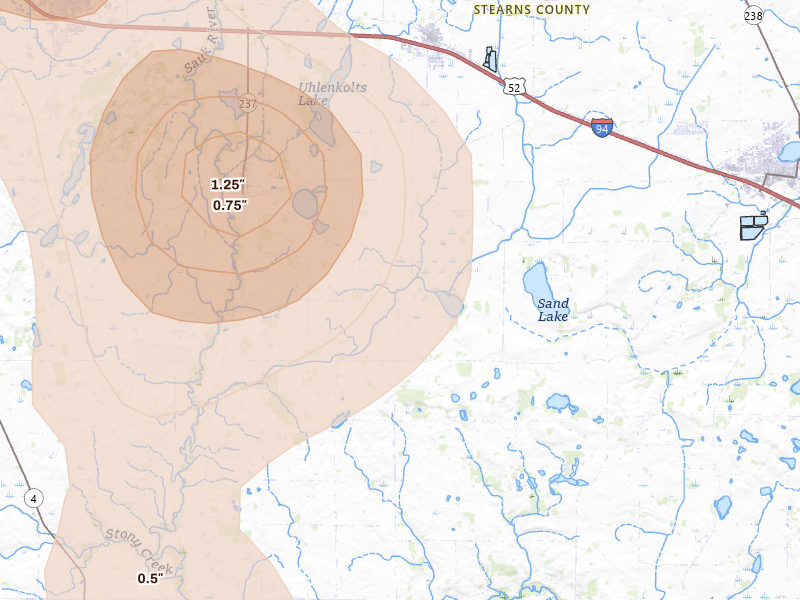 Radar-estimated hail-size map of the storm over Freeport, MN on Jul 4, 2026