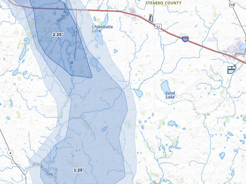NEXRAD radar-signature map of the hail over Freeport, MN