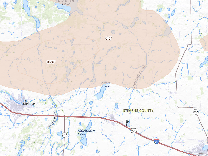 Radar-estimated hail-size map of the storm over Freeport, MN on Aug 8, 2026