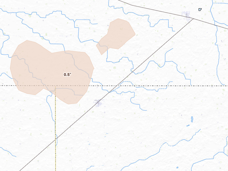 Radar-estimated hail-size map of the storm over Frost, MN on Apr 23, 2026