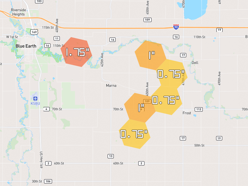 Hail map of Frost, MN on Jun 30, 2026, hail up to 1.75"