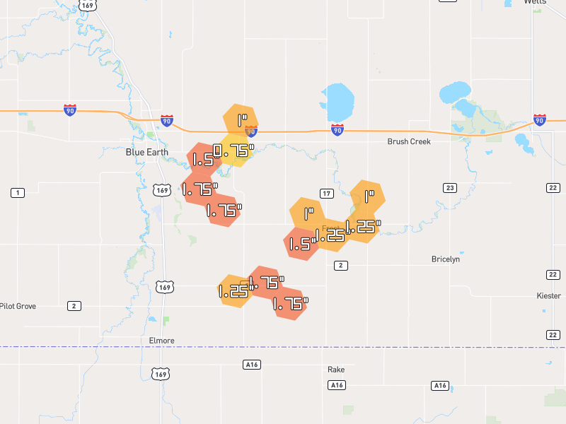 Hail map of Frost, MN on Jul 1, 2026, hail up to 1.75"