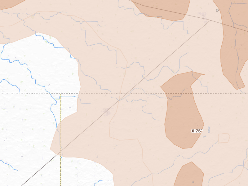 Radar-estimated hail-size map of the storm over Frost, MN on Aug 7, 2026