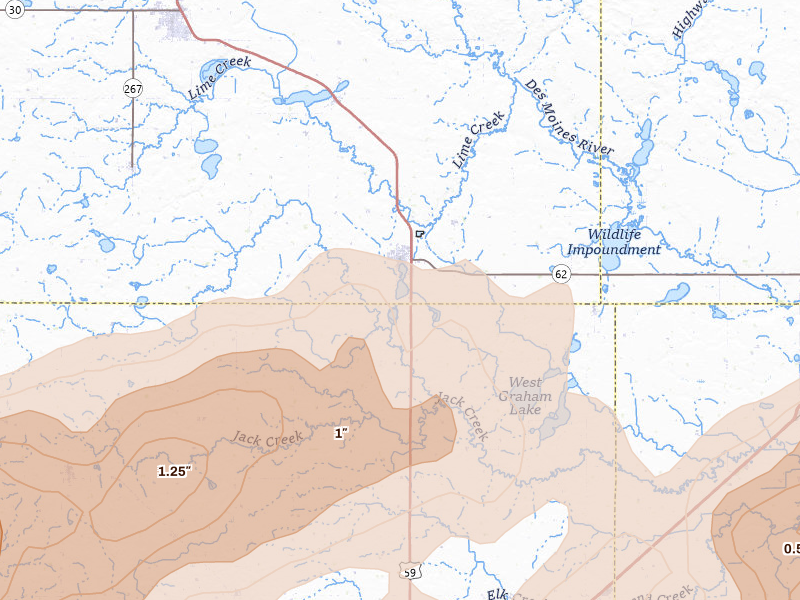 Radar-estimated hail-size map of the storm over Fulda, MN on May 17, 2026