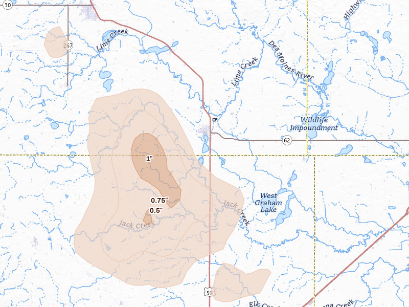 Radar-estimated hail-size map of the storm over Fulda, MN on May 24, 2026