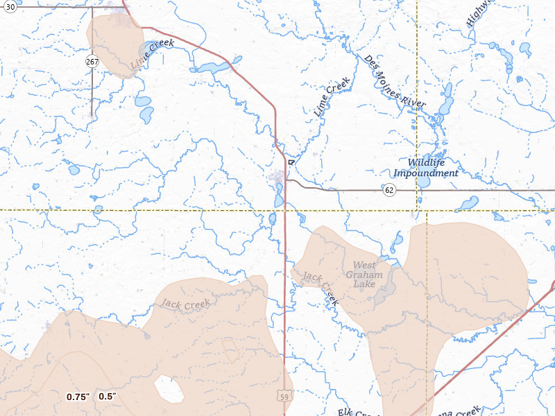 Radar-estimated hail-size map of the storm over Fulda, MN on Jun 27, 2026