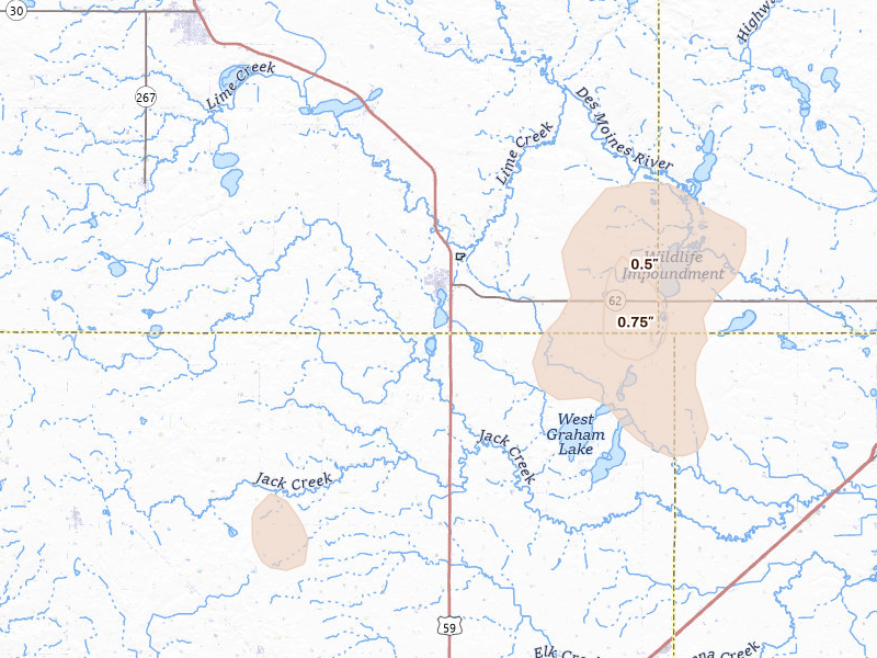 Radar-estimated hail-size map of the storm over Fulda, MN on Jun 30, 2026