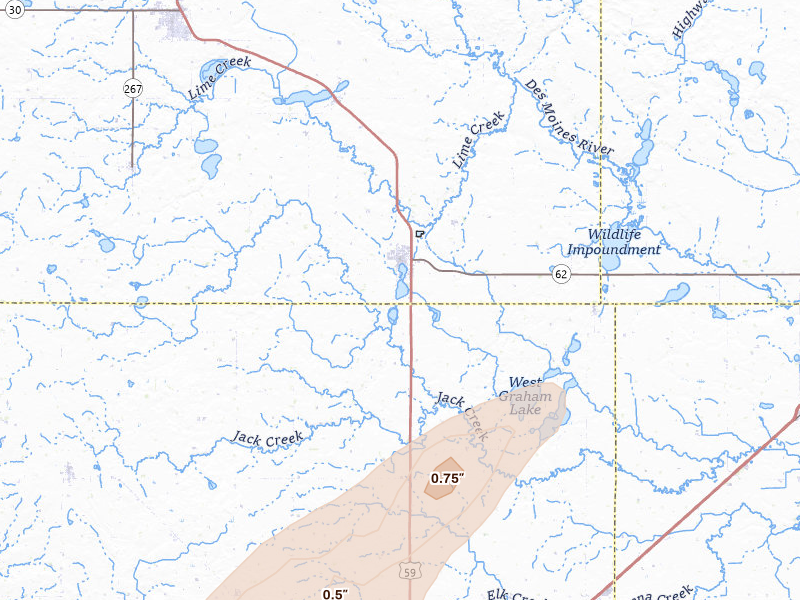 Radar-estimated hail-size map of the storm over Fulda, MN on Jul 1, 2026