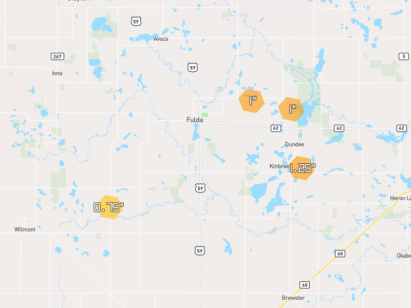 Hail map of Fulda, MN on Jul 1, 2026, hail up to 1.25"