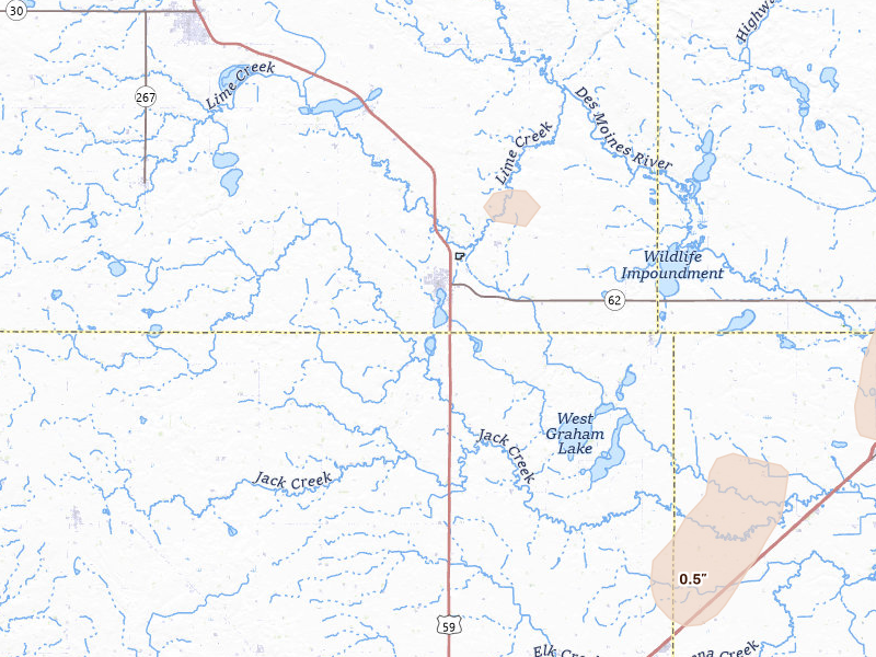 Radar-estimated hail-size map of the storm over Fulda, MN on Jul 2, 2026