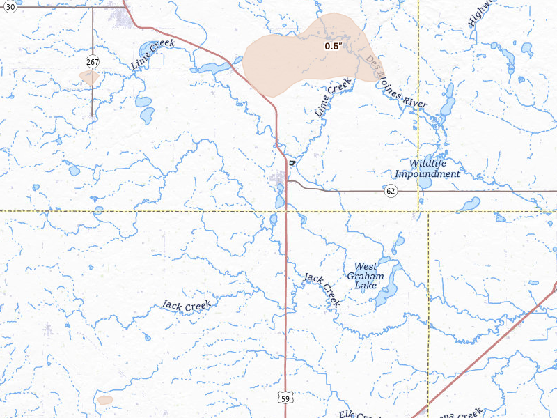 Radar-estimated hail-size map of the storm over Fulda, MN on Jul 25, 2026