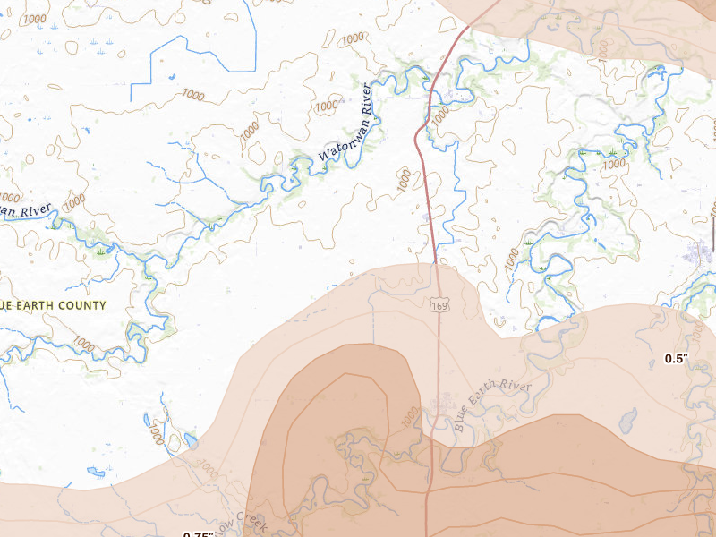 Radar-estimated hail-size map of the storm over Garden City, MN on Apr 13, 2026