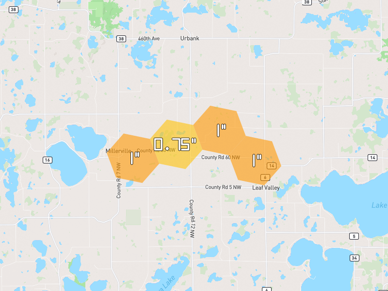 Hail map of Garfield, MN on Jul 7, 2026, hail up to 1"