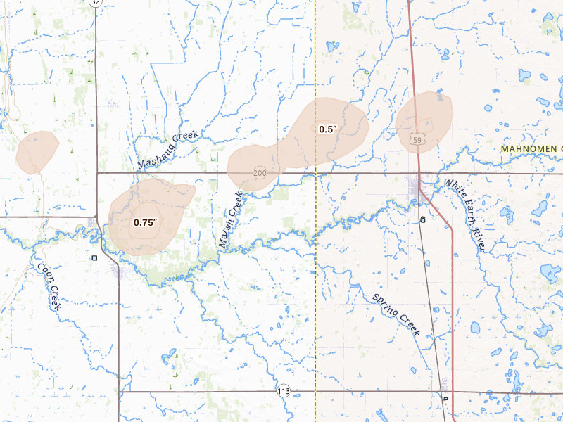 Radar-estimated hail-size map of the storm over Gary, MN on Jul 3, 2026